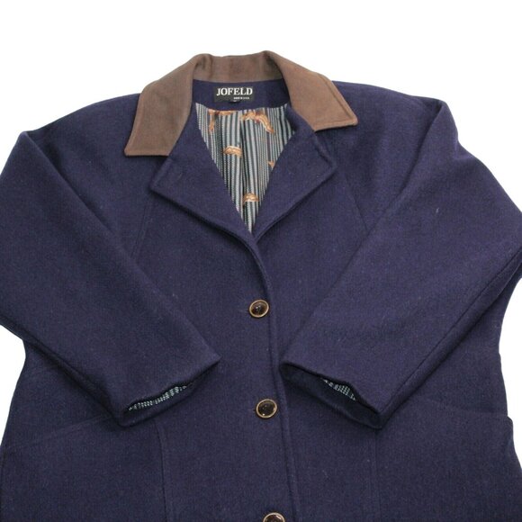 Vintage 80s JOFELD Medium Leather Trim Collar Navy Blue Wool Blend Coat USA - Picture 6 of 12